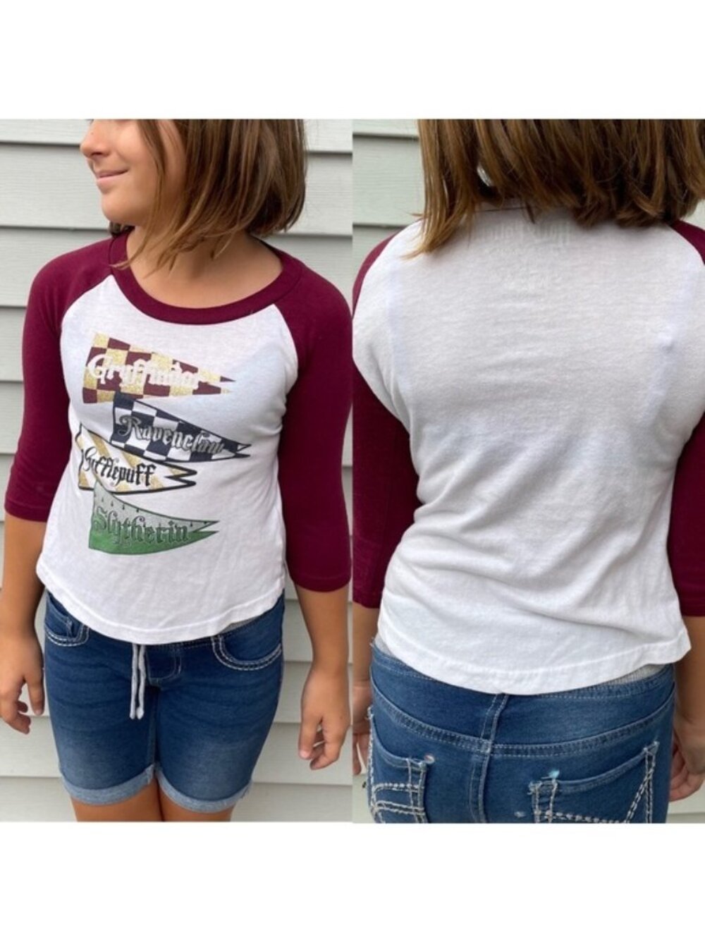Harry Potter | Maroon Sleeves House Flags Long Sleeve Tee Shirt  | Size Medium